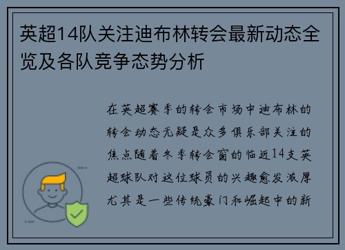 英超14队关注迪布林转会最新动态全览及各队竞争态势分析