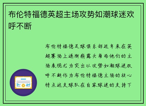 布伦特福德英超主场攻势如潮球迷欢呼不断 布伦特福德英超主场攻势如潮球迷欢呼不断