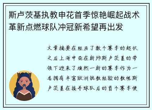 斯卢茨基执教申花首季惊艳崛起战术革新点燃球队冲冠新希望再出发